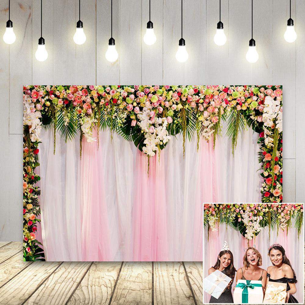 White and Pink Wedding Backdrops for Photography  Wood Floor Curtain Decorated with Pink Rose Flowers Photography Backgrounds