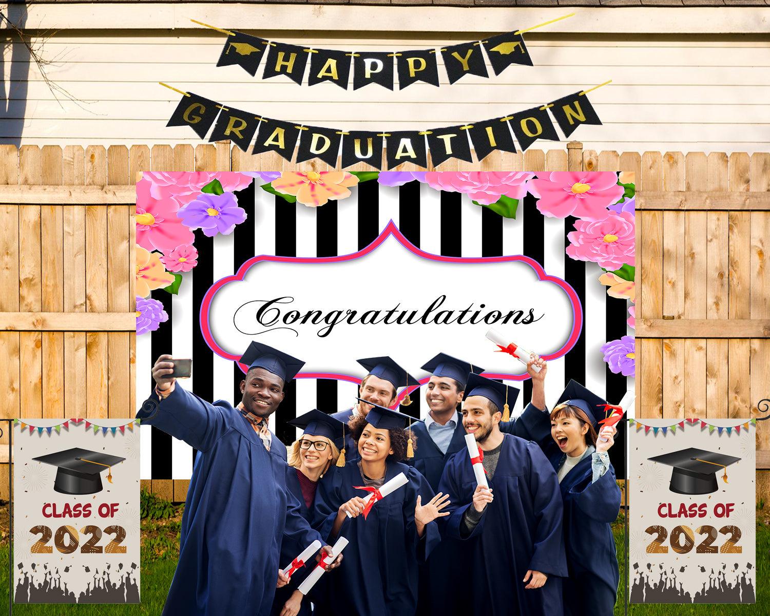 Black and White Stripe Graduation Celebration Backdrop for Photography Graduation Party Decorations TKH1847