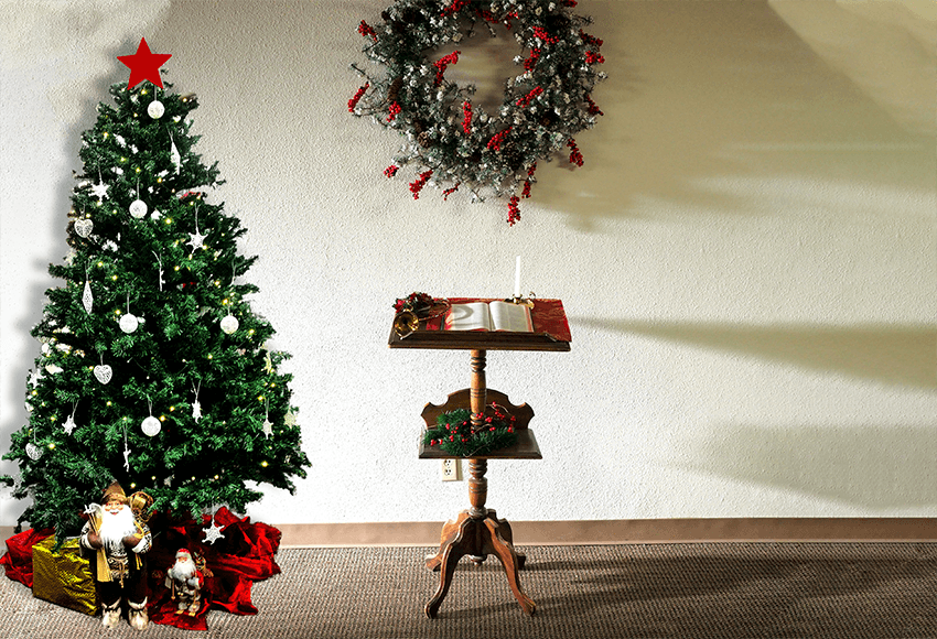 Red and White Garland Indoor Christmas Tree Photo Booth Backdrop